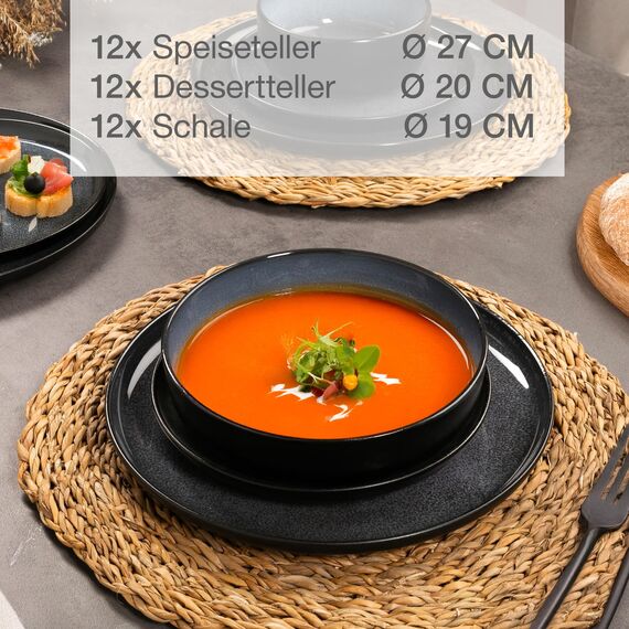 Moritz & Moritz VIDA Geschirrset 12 Personen Blau 36-tlg. - Modernes Porzellan Geschirr Set - Kratz-, Mikrowellen- & Spülmaschinenfest, Essgeschirr, Tafelservice, Kombiservice 12 Personen