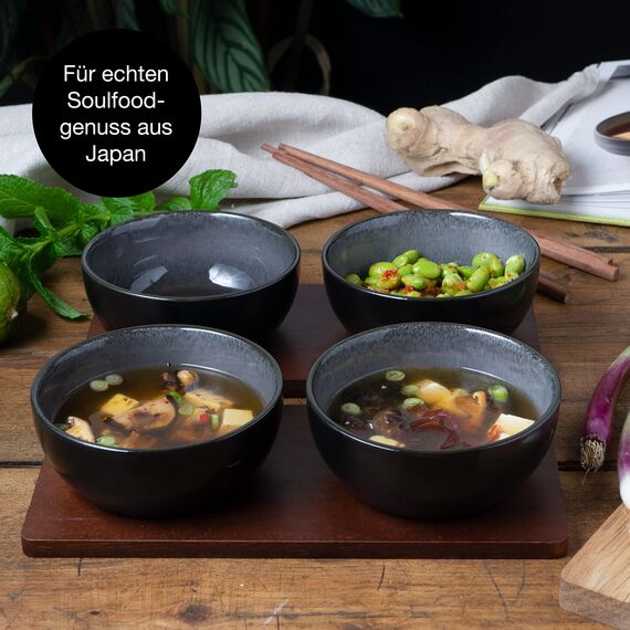 Moritz & Moritz VIDA 4x Miso Schüssel Set 12 cm Ø - Japanisches Geschirr Set aus Keramik für Miso Suppe, Dip und Snacks