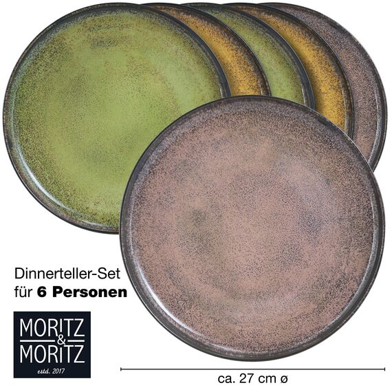 Moritz & Moritz VIDA 6er Dinner Teller Set Gelb-Grün-Rosa - Dinnerteller für 6 Personen - Porzellan spülmaschinen- und mikrowellengeeignet