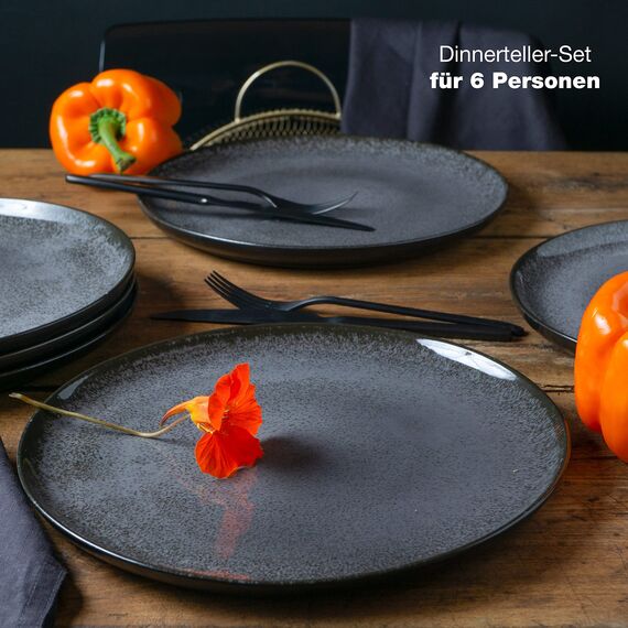Moritz & Moritz VIDA 6er Dinner Teller Set Anthrazit - Dinnerteller für 6 Personen - Porzellan spülmaschinen- und mikrowellengeeignet