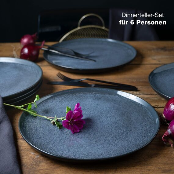 Moritz & Moritz VIDA 6er Dinner Teller Set Blau - Dinnerteller für 6 Personen - Porzellan spülmaschinen- und mikrowellengeeignet