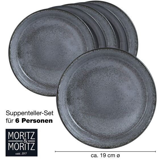 Moritz & Moritz VIDA 6er Suppen Teller Set Anthrazit- Suppenteller für 6 Personen - Porzellan spülmaschinen- und mikrowellengeeignet