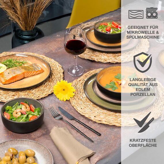 Moritz & Moritz VIDA Geschirrset 12 Personen Vintage 48-tlg. - Modernes Porzellan Geschirr Set - Kratz-, Mikrowellen- & Spülmaschinenfest, Essgeschirr, Tafelservice, Kombiservice 12 Personen