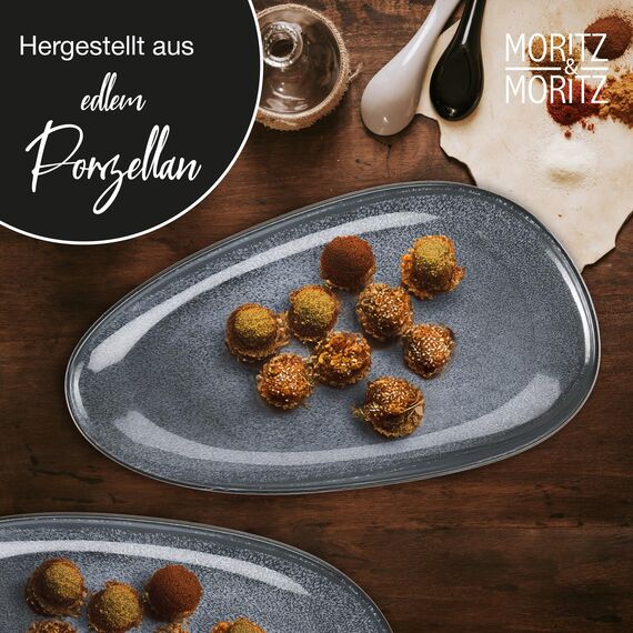 Moritz & Moritz VIDA Servierteller Set Blau - 2x Große Teller aus hochwertigem Porzellan, Modern & Zeitlos, Mikrowellen- & Spülmaschinengeeignet - Perfekt für Salate, Grillfleisch, Snacks & mehr