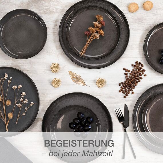 Moritz & Moritz VIDA Geschirrset 6 Personen Anthrazit 18-tlg. - Modernes Porzellan Geschirr Set - Kratz-, Mikrowellen- & Spülmaschinenfest, Essgeschirr, Tafelservice, Kombiservice 6 Personen