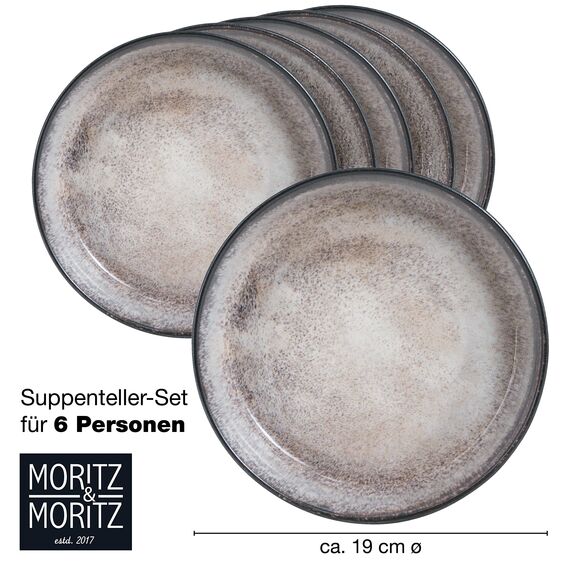 Moritz & Moritz VIDA 6er Suppen Teller Set Beige - Bowl Schüssel für 6 Personen - Porzellan spülmaschinen- und mikrowellengeeignet