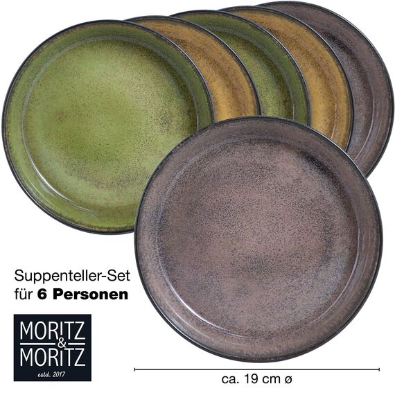 Moritz & Moritz VIDA 6er Suppen Teller Set Gelb-Grün-Rosa - Suppenteller für 6 Personen - Porzellan spülmaschinen- und mikrowellengeeignet