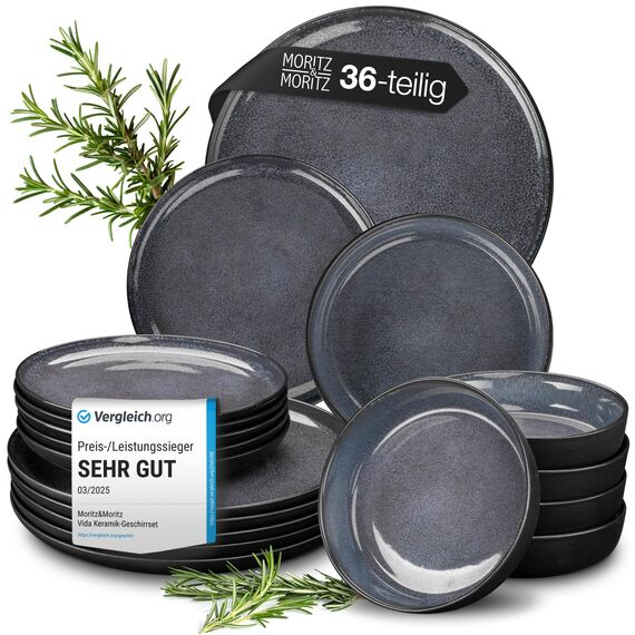 Moritz & Moritz VIDA Geschirrset 12 Personen Blau 36-tlg. - Modernes Porzellan Geschirr Set - Kratz-, Mikrowellen- & Spülmaschinenfest, Essgeschirr, Tafelservice, Kombiservice 12 Personen