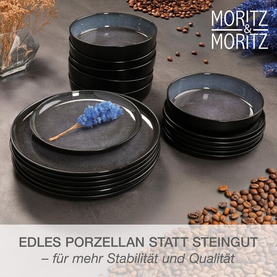 Moritz & Moritz VIDA Geschirrset 12 Personen Blau 36-tlg. - Modernes Porzellan Geschirr Set - Kratz-, Mikrowellen- & Spülmaschinenfest, Essgeschirr, Tafelservice, Kombiservice 12 Personen