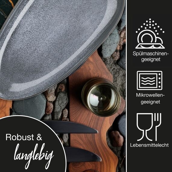 Moritz & Moritz VIDA Servierteller Set Blau - 2x Große Teller aus hochwertigem Porzellan, Modern & Zeitlos, Mikrowellen- & Spülmaschinengeeignet - Perfekt für Salate, Grillfleisch, Snacks & mehr