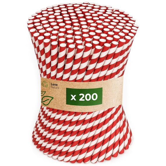 Love Nature Strohhalme Papier - Papierstrohhalme 200 Stück - Trinkhalme Papier Recycling - Rot Weiß - Paper Straws - Strohhalm Einweg