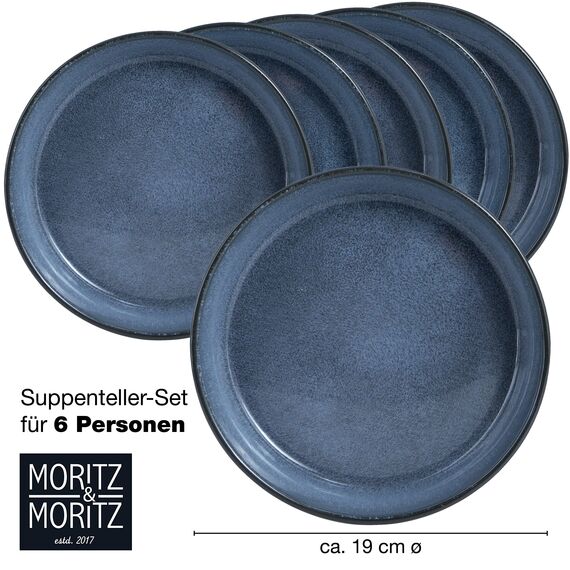 Moritz & Moritz VIDA 6er Suppen Teller Set Blau - Suppenteller für 6 Personen - Porzellan spülmaschinen- und mikrowellengeeignet