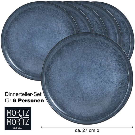 Moritz & Moritz VIDA 6er Dinner Teller Set Blau - Dinnerteller für 6 Personen - Porzellan spülmaschinen- und mikrowellengeeignet