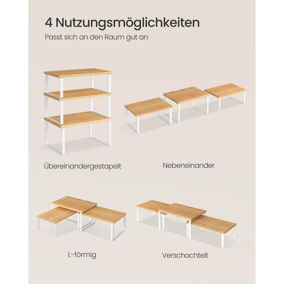 SONGMICS Gewürzregal, 3er Set Küchen-Organizer, Küchenregal, stapelbar, erweiterbar, Metall und Holzwerkstoff, wolkenweiß-naturbeige KCS014YL02