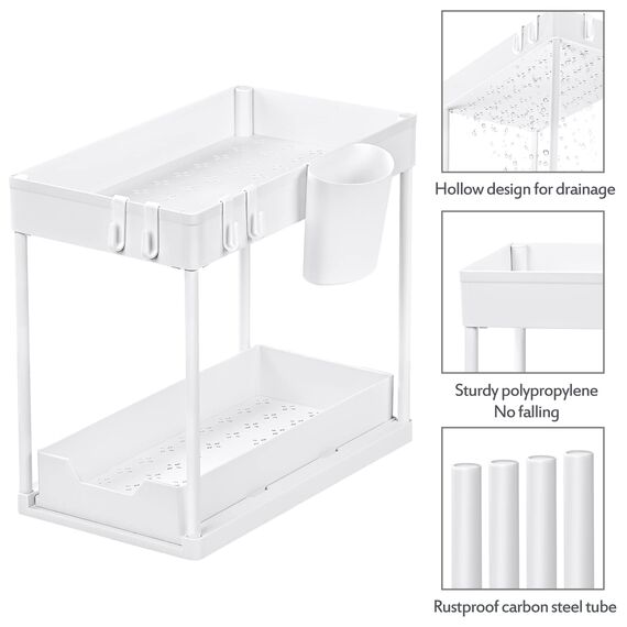 Puricon 2 Set Unter Waschbecken Regal, 2 Etagen Standregal Küche Arbeitsplatte Regal Organizer, Mehrfunktional Küchenregal Gewürzregal Unterschrankregal Spülschrankregal -Weiß