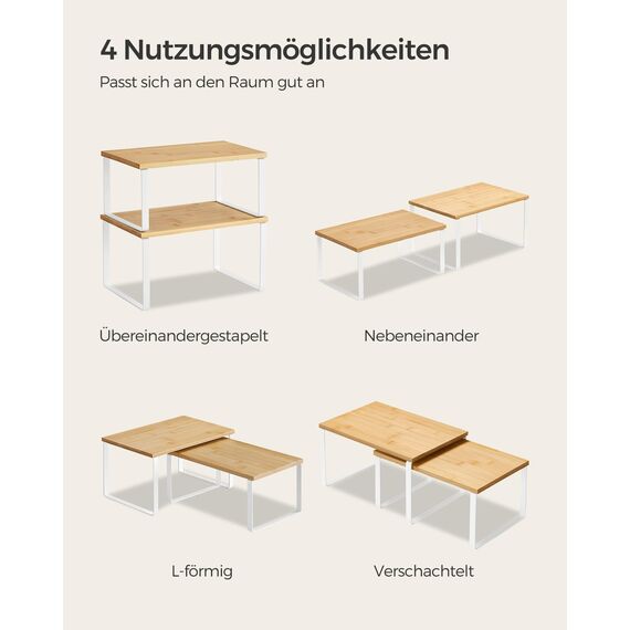 SONGMICS Gewürzregal, 2er Set Küchen-Organizer, Küchenregal, Schrank-Organizer Küche, erweiterbar, kleines Regal, stapelbar, Metall und Holzwerkstoff, wolkenweiß-naturbeige KCS02NW