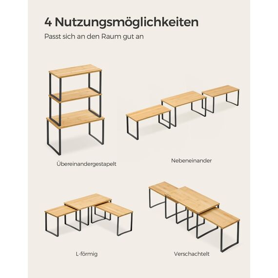 SONGMICS Gewürzregal, 3er Set Küchen-Organizer, Küchenregal, stapelbar, erweiterbar, Metall und Holzwerkstoff, tintenschwarz-naturbeige KCS014B01