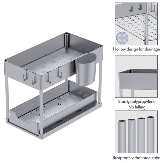 Puricon 2 Set Unter Waschbecken Regal, 2 Etagen Standregal Küche Arbeitsplatte Regal Organizer, Mehrfunktional Küchenregal Gewürzregal Unterschrankregal Spülschrankregal -Grau
