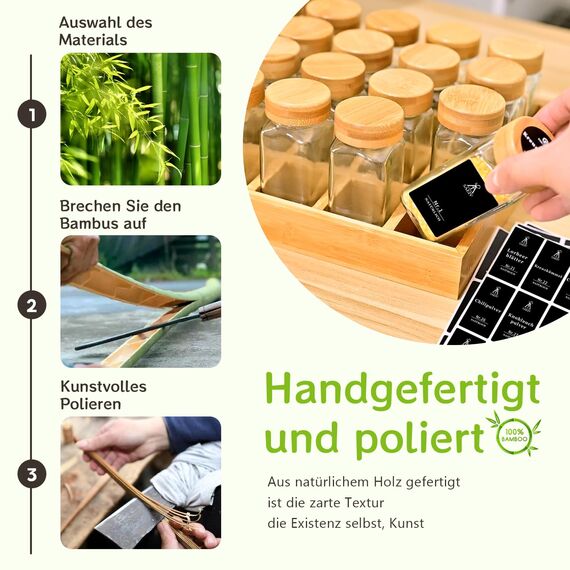 SAEIV Umweltfreundliches Gewürzregal Holz mit 12 Bambusfächern | 12 120ml-Gewürzgläser Drawer Organizer | Gewürzregal mit Gläsern Deutsch Gewürzetiketten | Gewürzregale Stehend | Gewürz Organizer