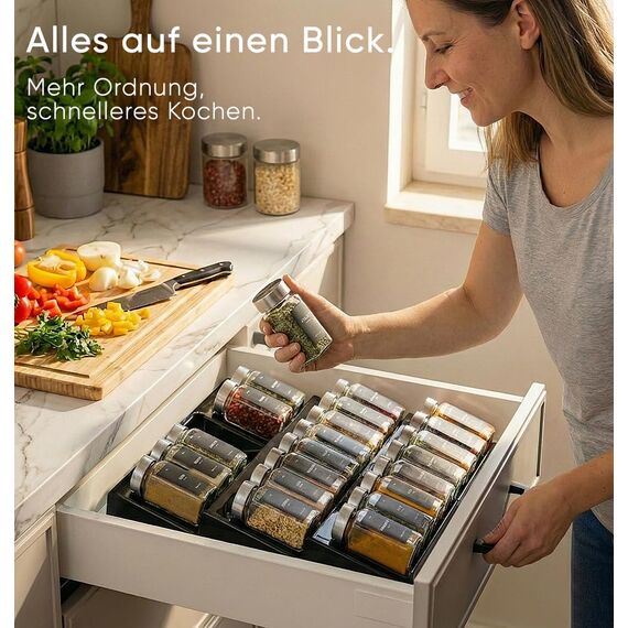 Deco haus Gewürzregal mit Gläsern [MIT 24 GEWÜRZGLÄSER & ETIKETTEN] - Gewürzregal Schublade ausziehbar - Gewürz Organizer Schublade - Gewürz Schubladeneinsatz Gewürze - Gewürzorganizer