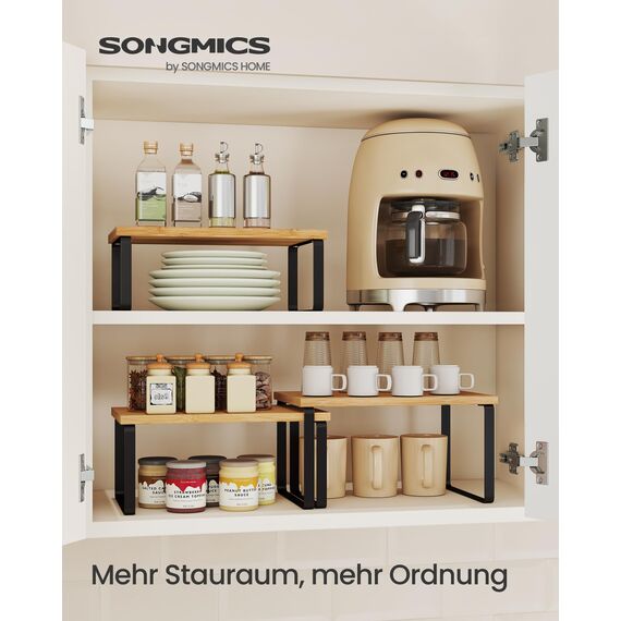 SONGMICS Gewürzregal, 3er Set Küchen-Organizer, Küchenregal, stapelbar, erweiterbar, Metall und Holzwerkstoff, tintenschwarz-naturbeige KCS014YL03