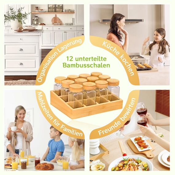 SAEIV Umweltfreundliches Gewürzregal Holz mit 12 Bambusfächern | 12 120ml-Gewürzgläser Drawer Organizer | Gewürzregal mit Gläsern Deutsch Gewürzetiketten | Gewürzregale Stehend | Gewürz Organizer