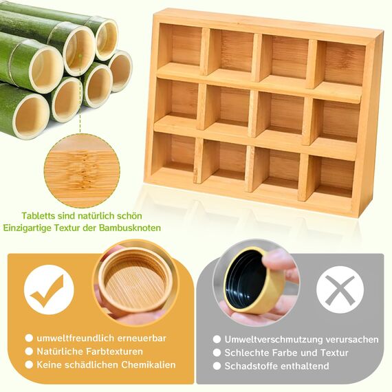 SAEIV Umweltfreundliches Gewürzregal Holz mit 12 Bambusfächern | 12 120ml-Gewürzgläser Drawer Organizer | Gewürzregal mit Gläsern Deutsch Gewürzetiketten | Gewürzregale Stehend | Gewürz Organizer