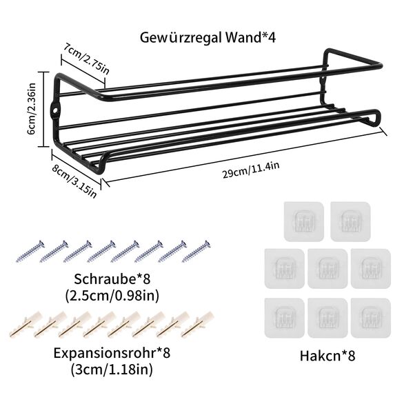 LXUDN Rocneuna 4-Teiliges Set Gewürzregal Wand Ohne Bohren, Schwarz Gewürzständer Mit Breiterem Innenschlitz Hält Größere Gewürzgläser,29×8×6CM Benutzt als Küchenschrank Organizer Küchenregal Wand