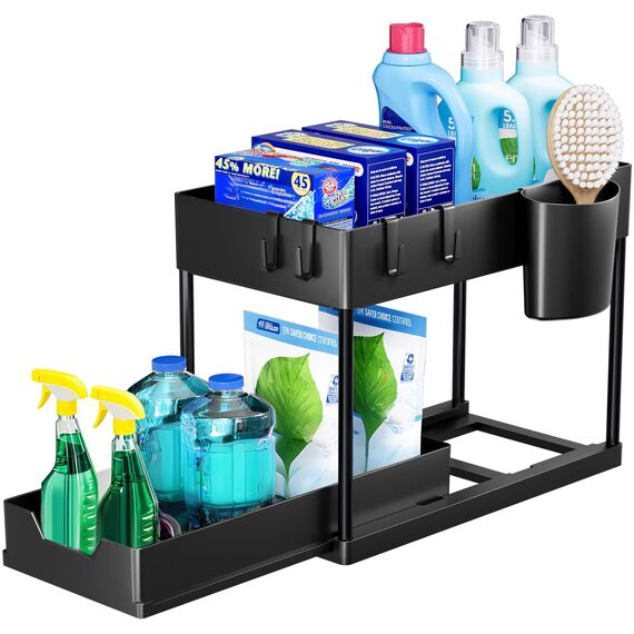Puricon Unter Waschbecken Regal Spülschrank Organizer, 2 Etagen Standregal Küche Arbeitsplatte Regal Organizer, Mehrfunktional Küchenregal Gewürzregal Unterschrankregal Spülschrankregal -Schwarz