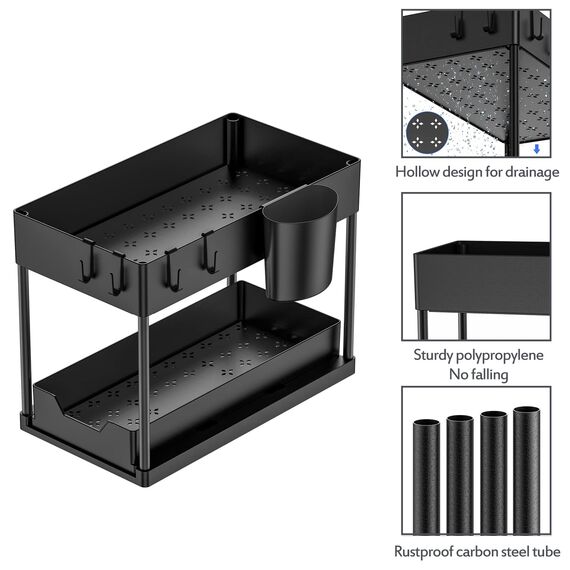 Puricon Unter Waschbecken Regal Spülschrank Organizer, 2 Etagen Standregal Küche Arbeitsplatte Regal Organizer, Mehrfunktional Küchenregal Gewürzregal Unterschrankregal Spülschrankregal -Schwarz