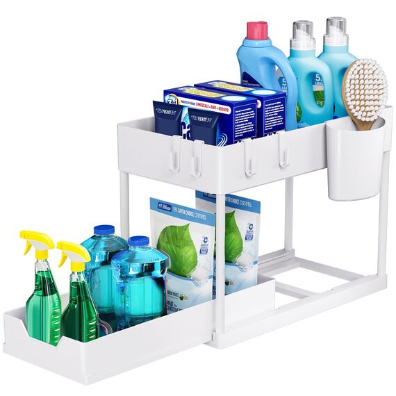 Puricon Unter Waschbecken Regal, 2 Etagen Standregal Küche Arbeitsplatte Regal Organizer, Mehrfunktional Küchenregal Gewürzregal Unterschrankregal Spülschrankregal -Weiß