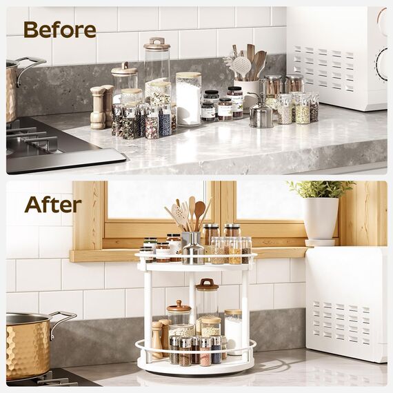 YATINEY Gewürzregal, 2-stufiger drehbarer Organizer, kreisdrehbares Lagerregal, kompakter Gewürzhalter mit Drehscheibe, für Küchentheke, Esstisch, Weiß XSR22WW