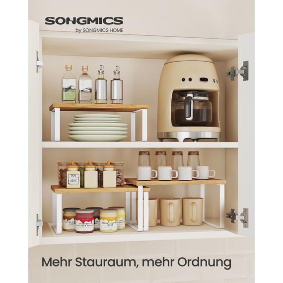 SONGMICS Gewürzregal, 3er Set Küchen-Organizer, Küchenregal, stapelbar, erweiterbar, Metall und Holzwerkstoff, wolkenweiß-naturbeige KCS014YL02