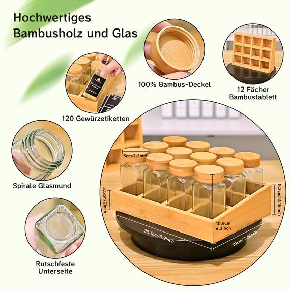 SAEIV Umweltfreundliches Gewürzregal Holz mit 12 Bambusfächern | 12 120ml-Gewürzgläser Drawer Organizer | Gewürzregal mit Gläsern Deutsch Gewürzetiketten | Gewürzregale Stehend | Gewürz Organizer