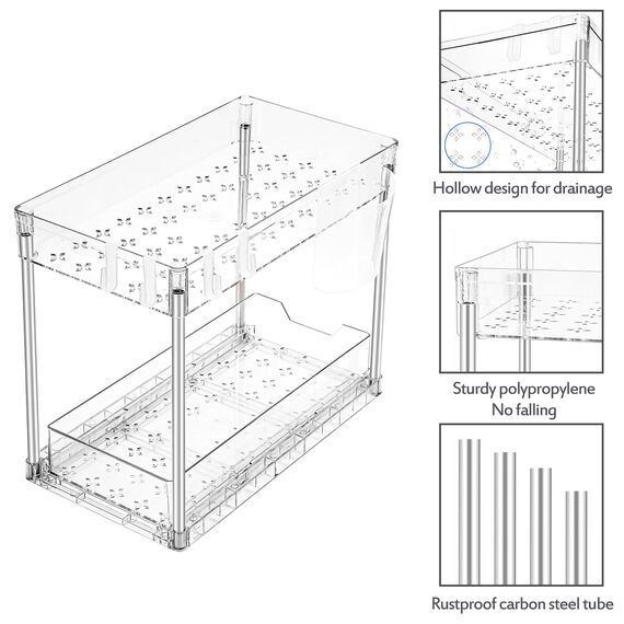 Puricon Unter Waschbecken Regal, 2 Etagen Standregal Küche Arbeitsplatte Regal Organizer, Mehrfunktional Küchenregal Gewürzregal Unterschrankregal Spülschrankregal -Clear