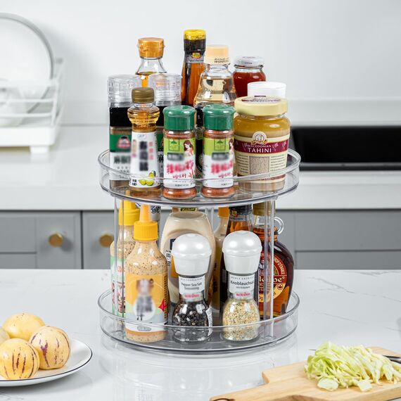 LUZOON Drehteller Organizer 2 Etagen-Diameter 23CM, Küchen Organizer Lazy Susan Gewürzregal Drehbar, Drehbares Organizer für Küche Schrank Unterschrank Waschbecken Schminktisch (Transparent)
