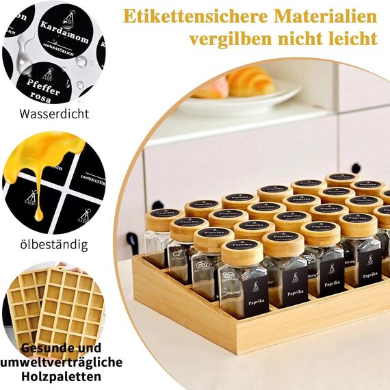 SAEIV Natürlicher Bambus Gewürzregal mit Gläsern, Gewürzregale Schrank Set mit 24 Gewürzgläser Eckig, Spice Rack Bambus für Eine Aufgeräumte und Organisierte Küche Geeignet
