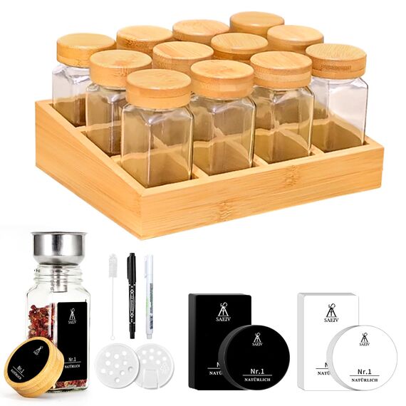 SAEIV Umweltfreundliches Gewürzregal Holz mit 12 Bambusfächern | 12 120ml-Gewürzgläser Drawer Organizer | Gewürzregal mit Gläsern Deutsch Gewürzetiketten | Gewürzregale Stehend | Gewürz Organizer