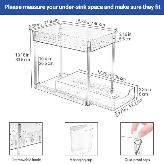 Puricon Unter Waschbecken Regal, 2 Etagen Standregal Küche Arbeitsplatte Regal Organizer, Mehrfunktional Küchenregal Gewürzregal Unterschrankregal Spülschrankregal -Clear