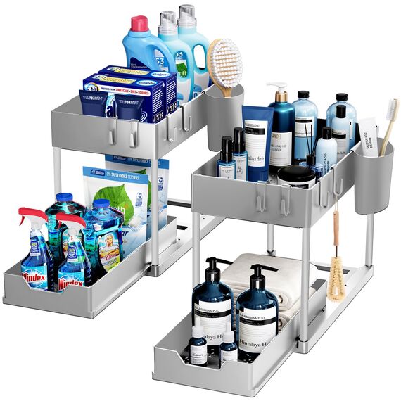 Puricon 2 Set Unter Waschbecken Regal, 2 Etagen Standregal Küche Arbeitsplatte Regal Organizer, Mehrfunktional Küchenregal Gewürzregal Unterschrankregal Spülschrankregal -Grau