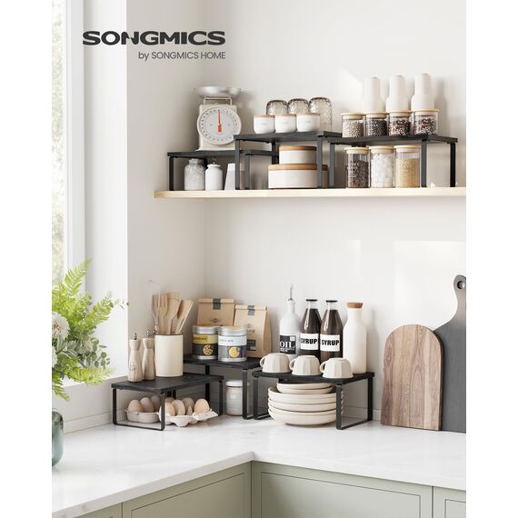 SONGMICS Gewürzregal, 3er Set Küchen-Organizer, Küchenregal, stapelbar, erweiterbar, Metall und Holzwerkstoff, anthrazitgrau-mattschwarz KCS220B01