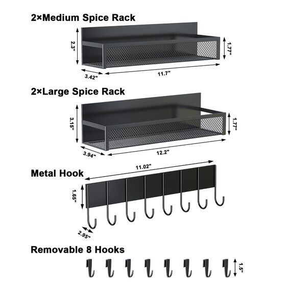 Aufworld Magnetisches Gewürzregal für Kühlschrank, 5 Stück verstellbare Magnetregale mit 8 Haken, Kühlschrank-Organizer für Küche (inkl. 8 Haken) – Platzsparend & Bohrfrei(5 PACK-NEW)