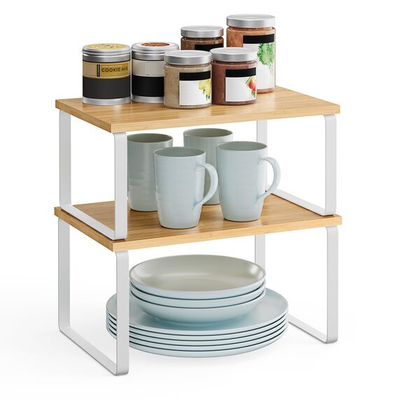 SONGMICS Gewürzregal, 2er Set Küchen-Organizer, Küchenregal, Schrank-Organizer Küche, erweiterbar, kleines Regal, stapelbar, Metall und Holzwerkstoff, wolkenweiß-naturbeige KCS02NW