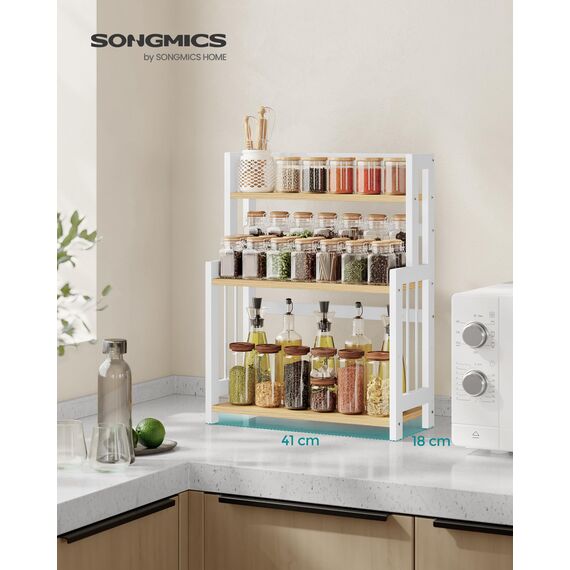 SONGMICS Gewürzregal mit 3 Ebenen, Küchenregal, Aufbewahrungsregal, für Arbeitsplatte, Bambusgestell, für Küche, Esszimmer, Büro, natureichenfarben OFS047Y01