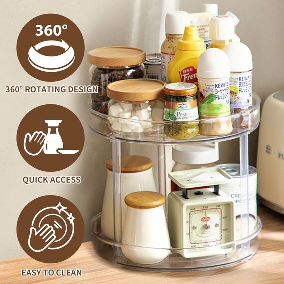 LUZOON Drehteller Organizer 2 Etagen-Diameter 23CM, Küchen Organizer Lazy Susan Gewürzregal Drehbar, Drehbares Organizer für Küche Schrank Unterschrank Waschbecken Schminktisch (Transparent)