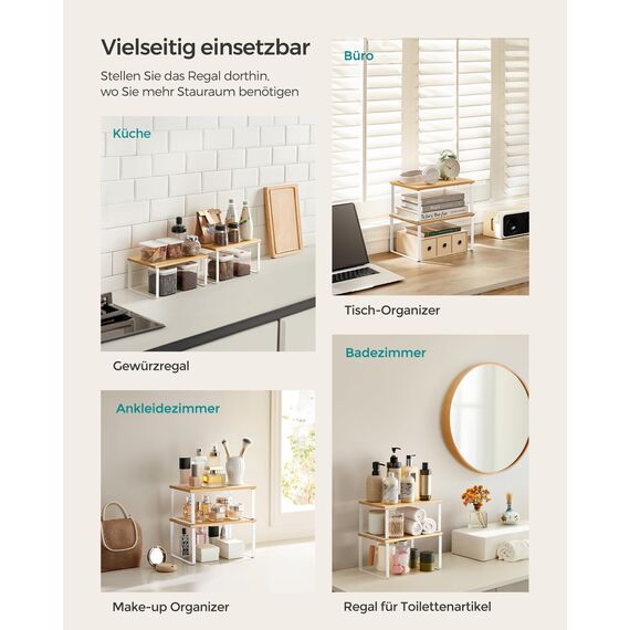 SONGMICS Gewürzregal, 2er Set Küchen-Organizer, Küchenregal, Schrank-Organizer Küche, erweiterbar, kleines Regal, stapelbar, Metall und Holzwerkstoff, wolkenweiß-naturbeige KCS02NW