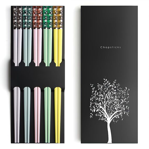 5 Paar Fiberglas-Essstäbchen, 24.3cm Wiederverwendbare Essstäbchen, Sakura Bernstein Personalisiert bunt Fiberglas Esstäbchen Set, Spülmaschinenfest, Asia Japanisch China koreanische Stil