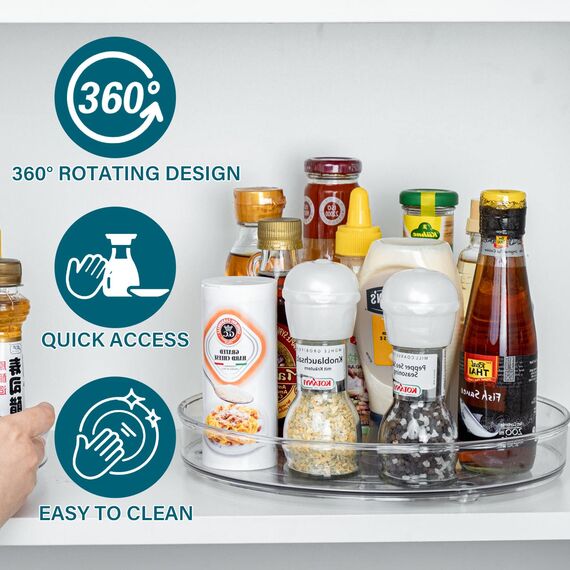 LUZOON 2 Stück Kühlschrank Organizer, Schrank Organizer Küchen Lazy Susan 360° Drehbarer Gewürzhalter – Transparent(27cm+23cm)