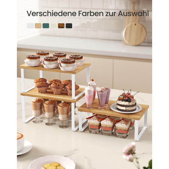 SONGMICS Gewürzregal, 3er Set Küchen-Organizer, Küchenregal, stapelbar, erweiterbar, Metall und Holzwerkstoff, wolkenweiß-naturbeige KCS014YL02