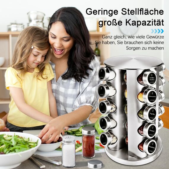 SAEIV 360° Rotation Gewürzregal Stehend | Gewürze drehteller organizer | 20 100ml-Gewürzgläser | Fünflagig Gewürzregale Drehbar | Deutsch Gewürzetiketten | Küche Regal | gewürze aufbewahrung